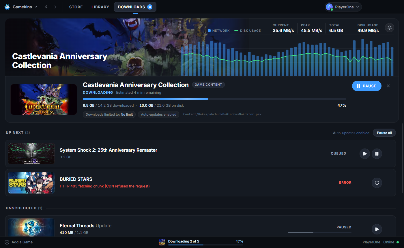 The Gamekins download manager with a queue, transfer graphs and download controls.