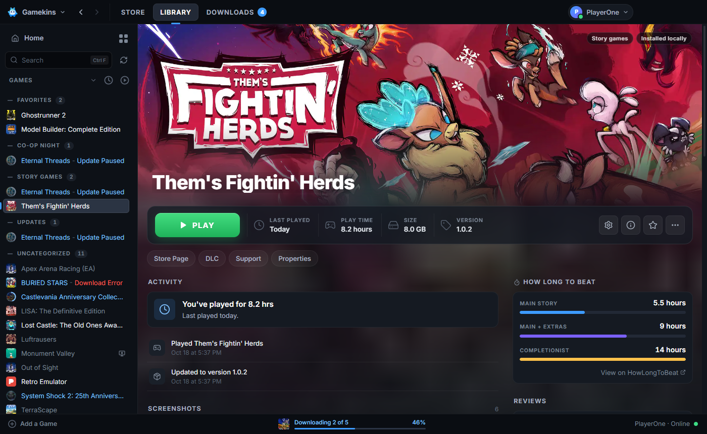 A Gamekins game page with hero artwork, a green Play button, play time and version.
