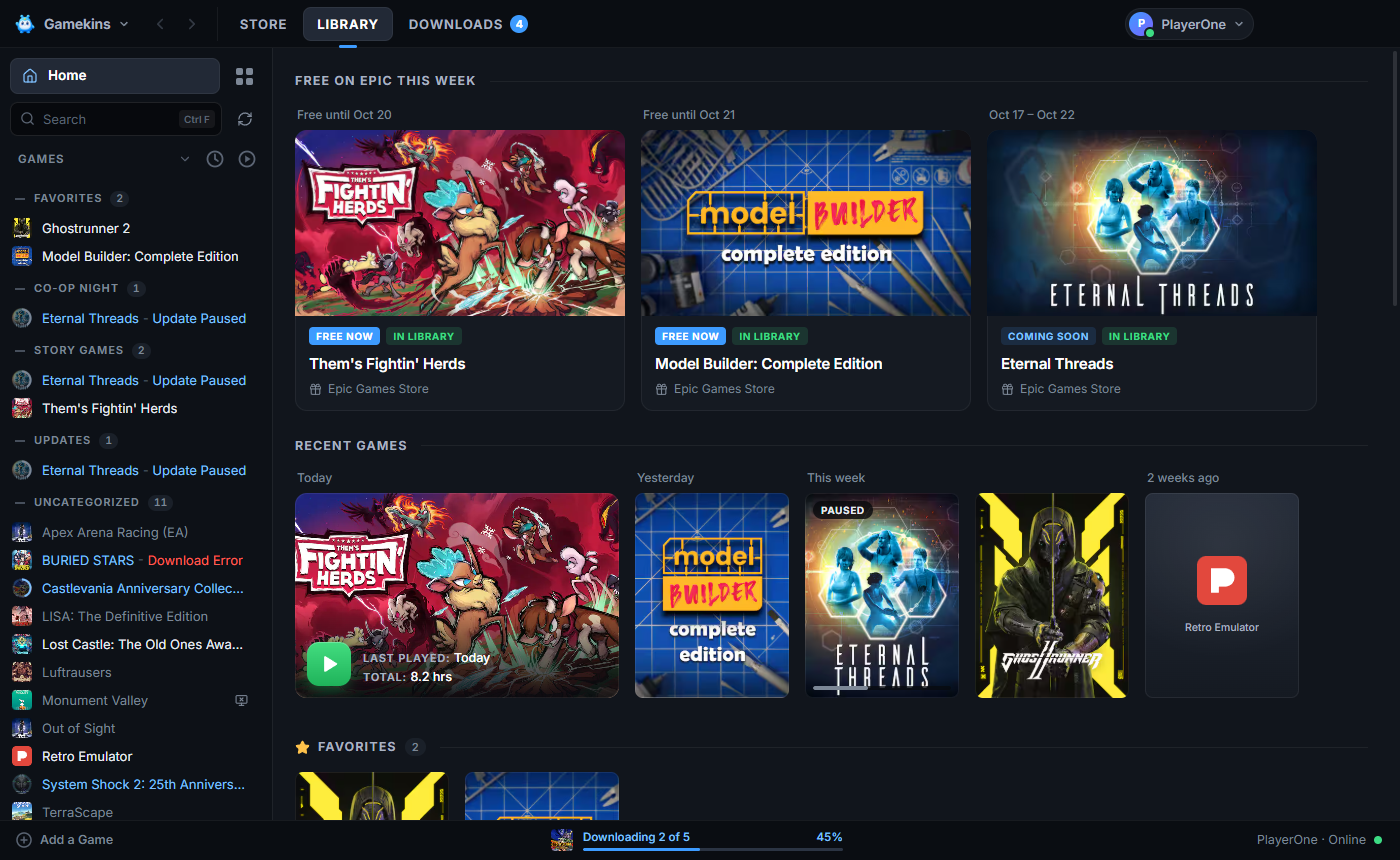Gamekins library with a sidebar for favorites and collections, a cover-art grid and a download in progress.